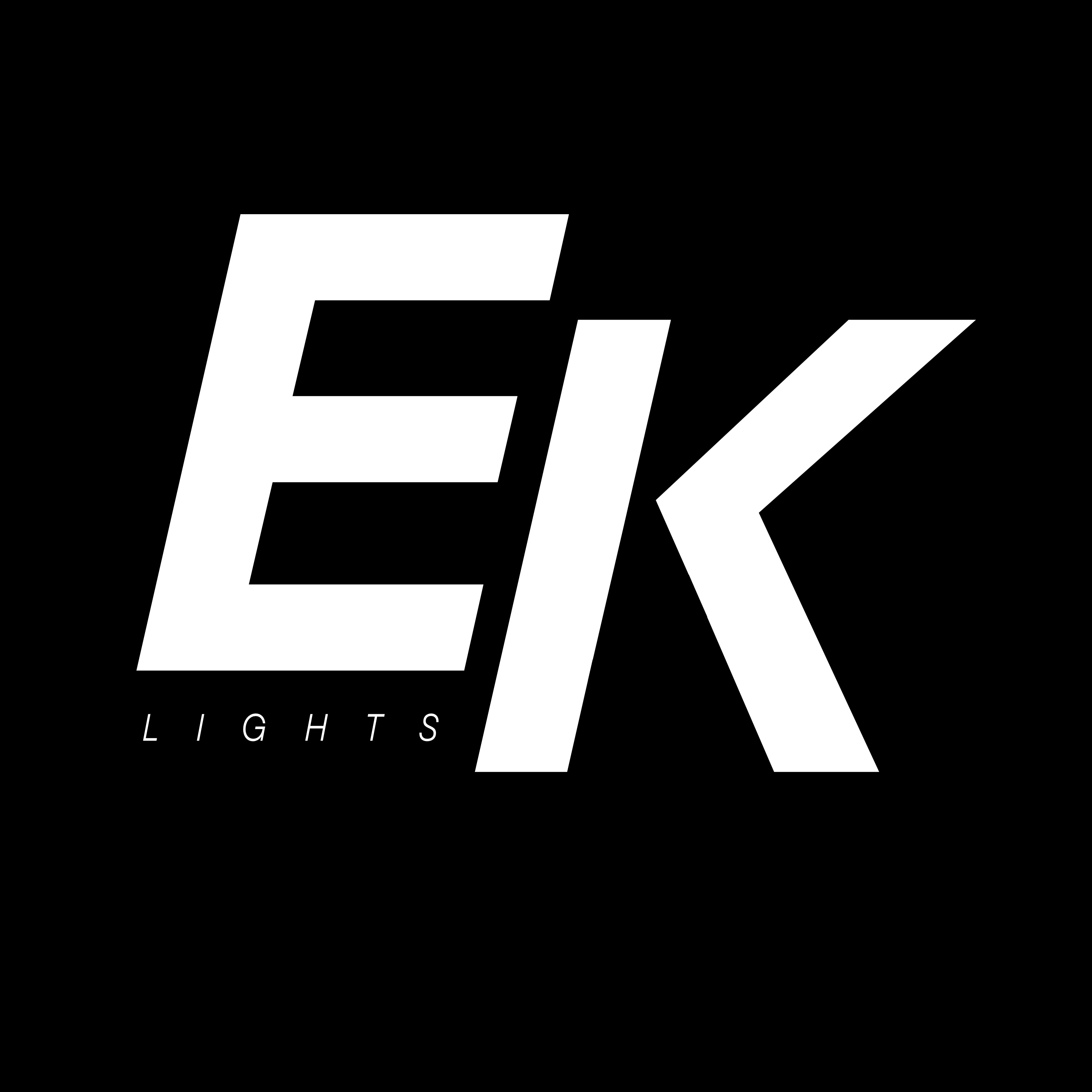 EK Lights logotipas su tekstu juodame fone
